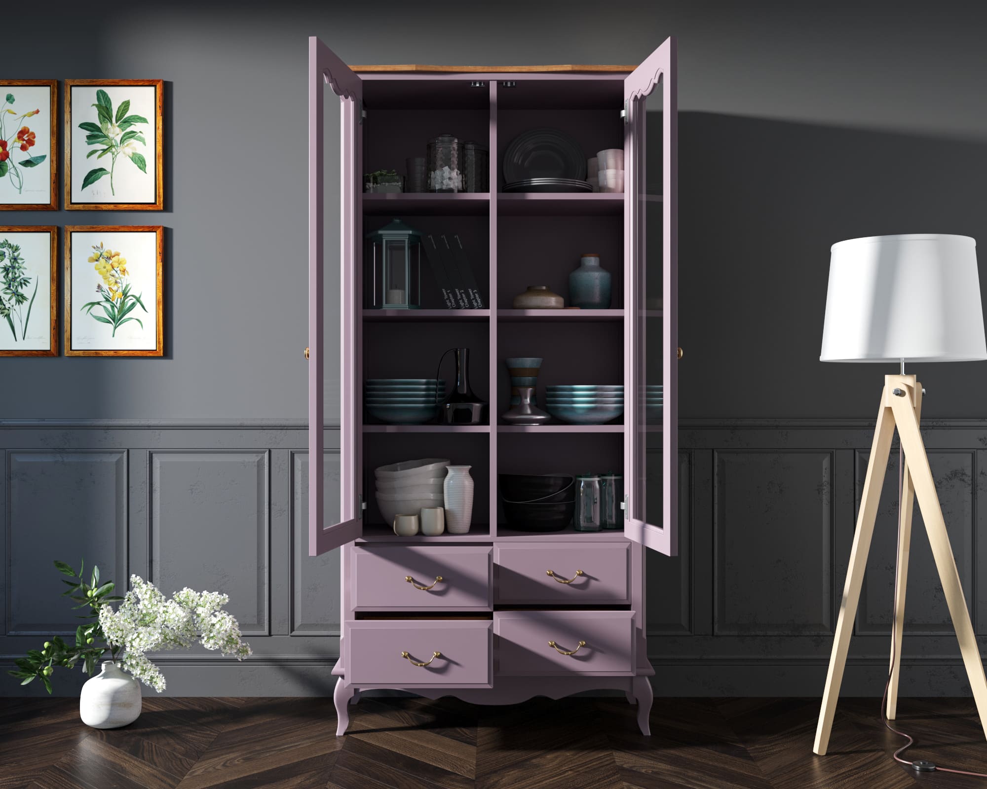 Шкаф Leontina Lavanda для посуды высокий 4 ящика  арт ST9355/4L