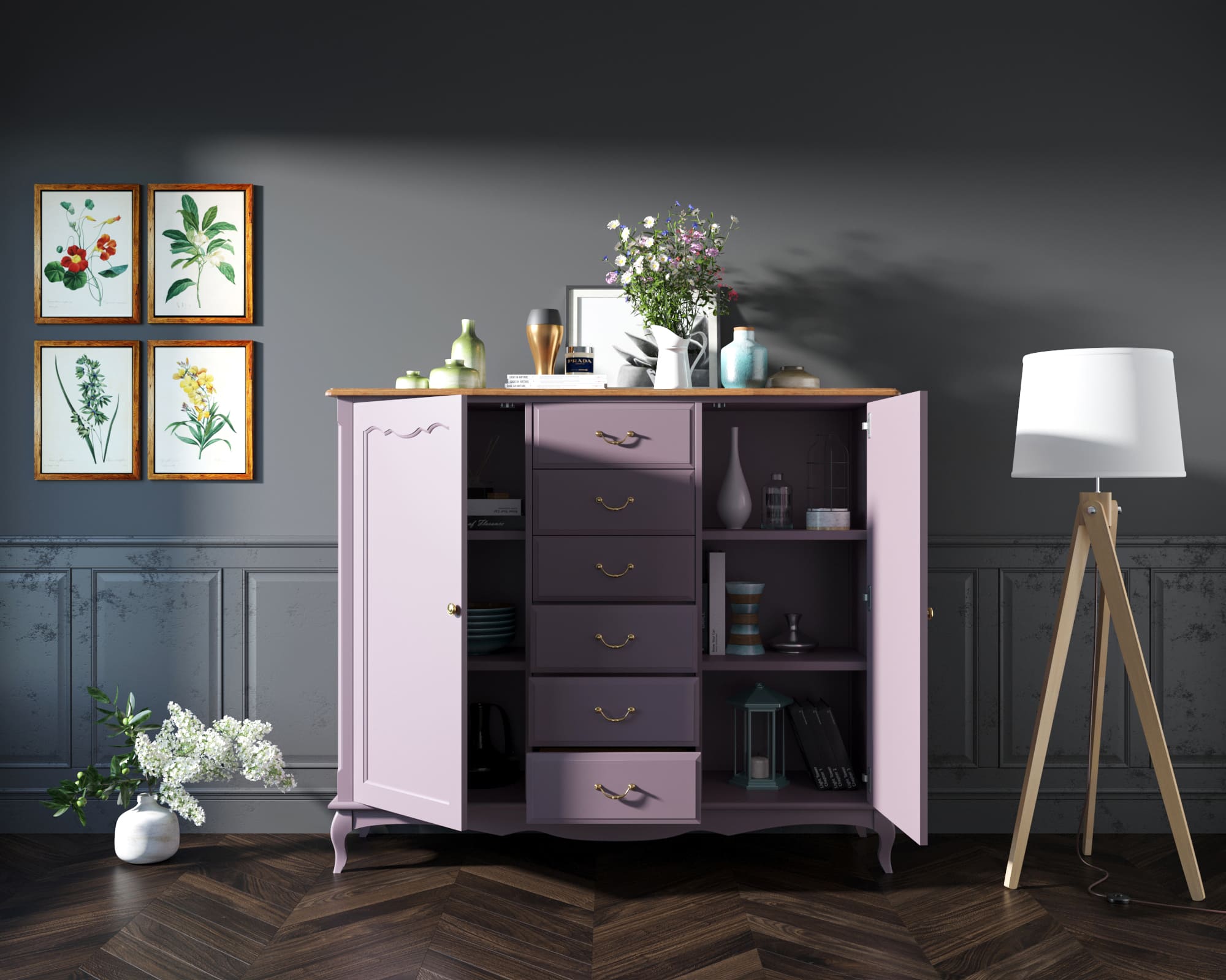 Комод Leontina Lavanda с шестью ящиками и дверками арт ST9350L