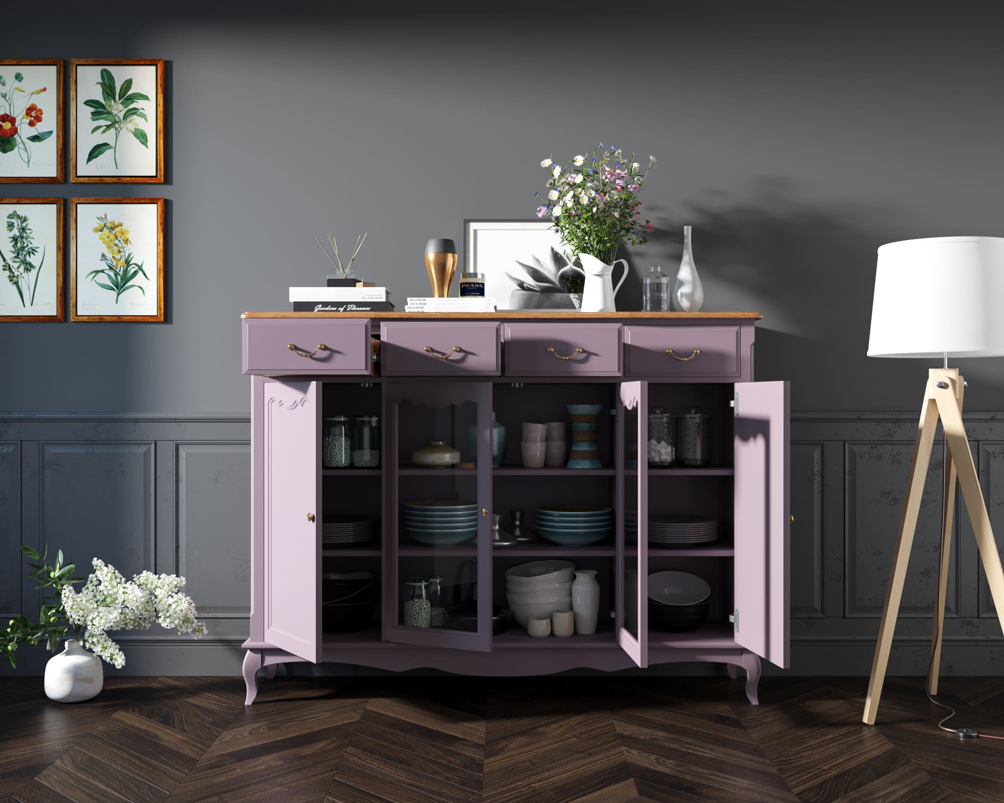 Комод-витрина с ящиками массив Leontina Lavanda арт ST9363L