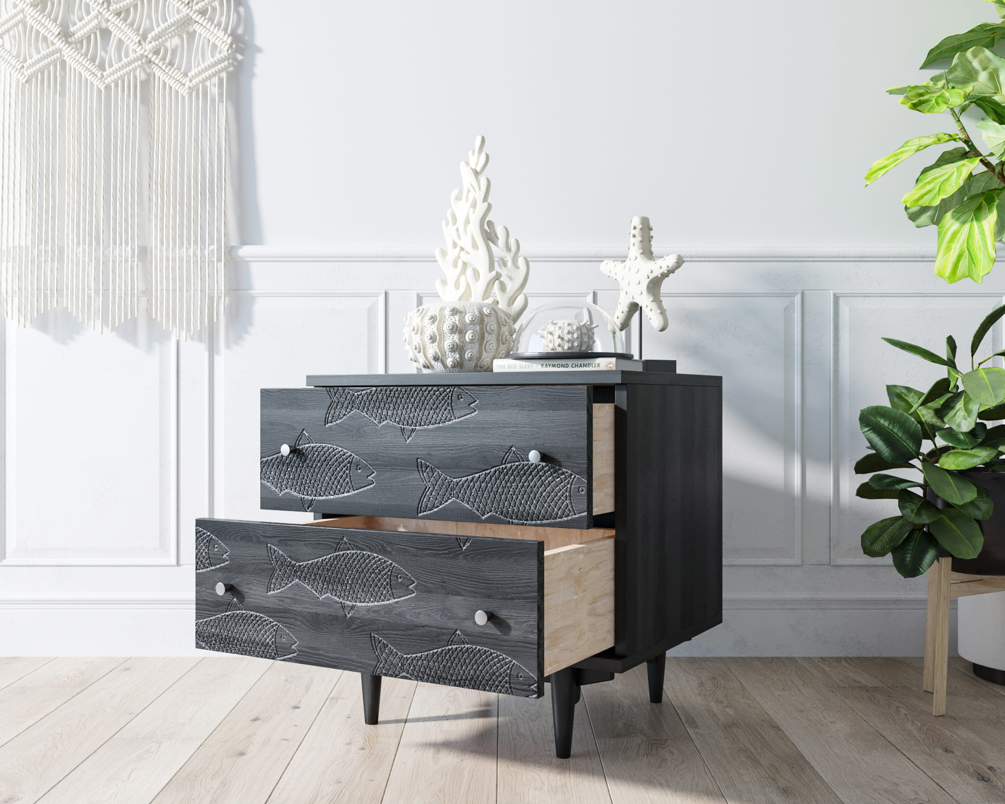 Комод серый 2 ящика "Boho" с рыбами