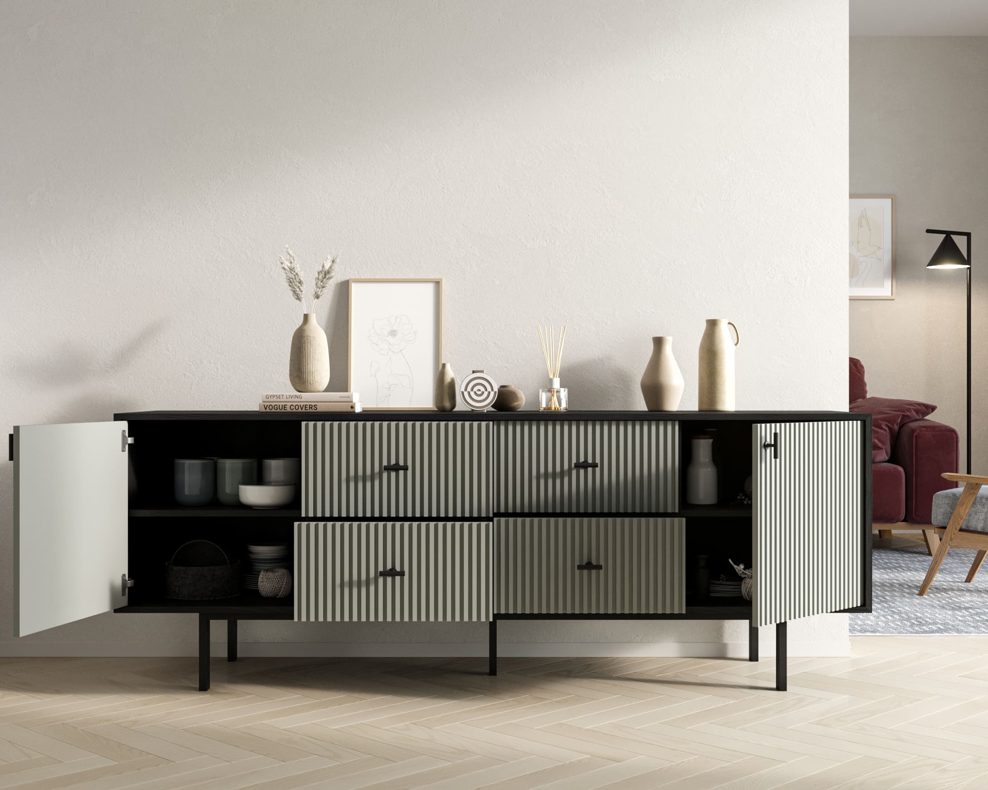 Комод две дверки и четыре ящика "Emerson" арт EM19/gray/L