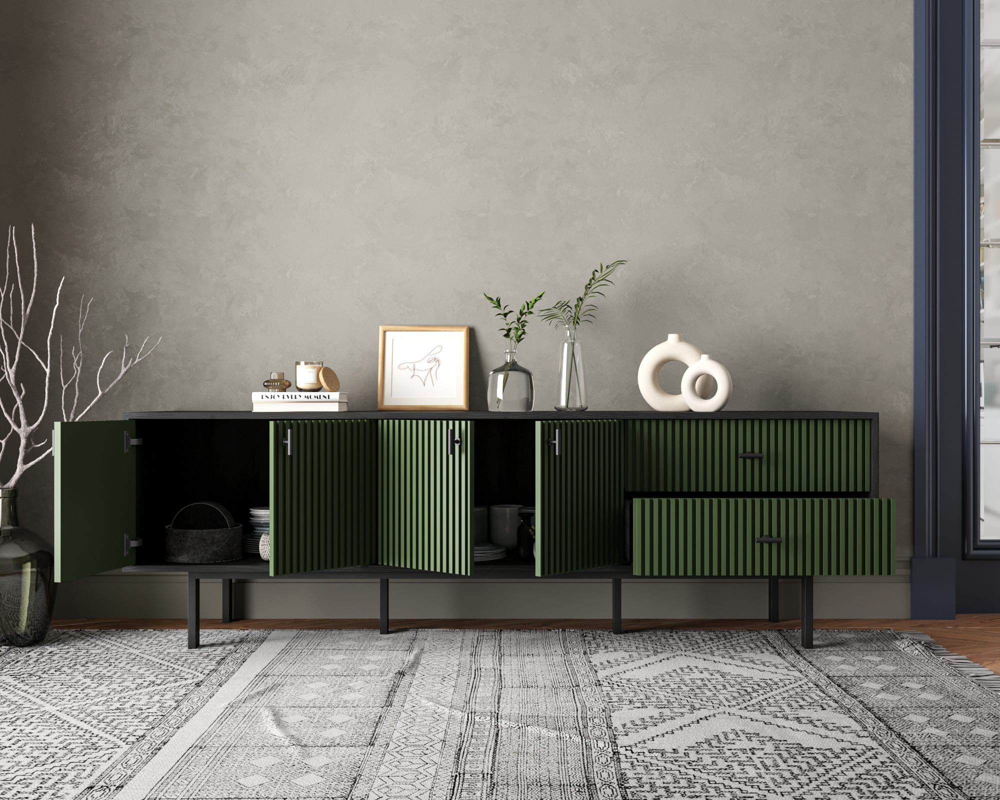 Комод с четырьмя дверками и двумя ящиками "Emerson" арт EM04/green/L