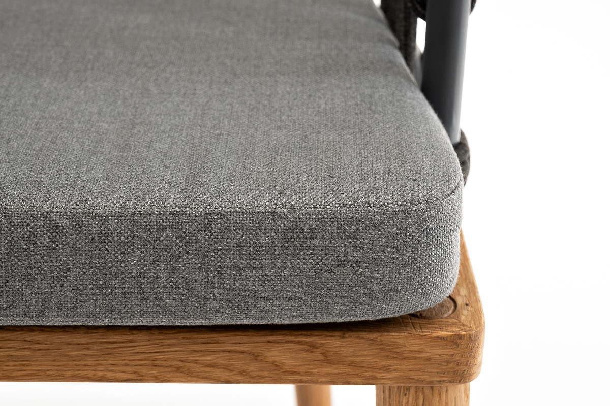 "Диого" стул плетеный из роупа, основание дуб, роуп темно-серый круглый, ткань серая