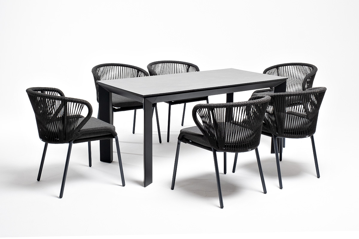 "Венецио" обеденная группа на 6 персон со стульями "Миленто", каркас темно-серый, роуп темно-серый